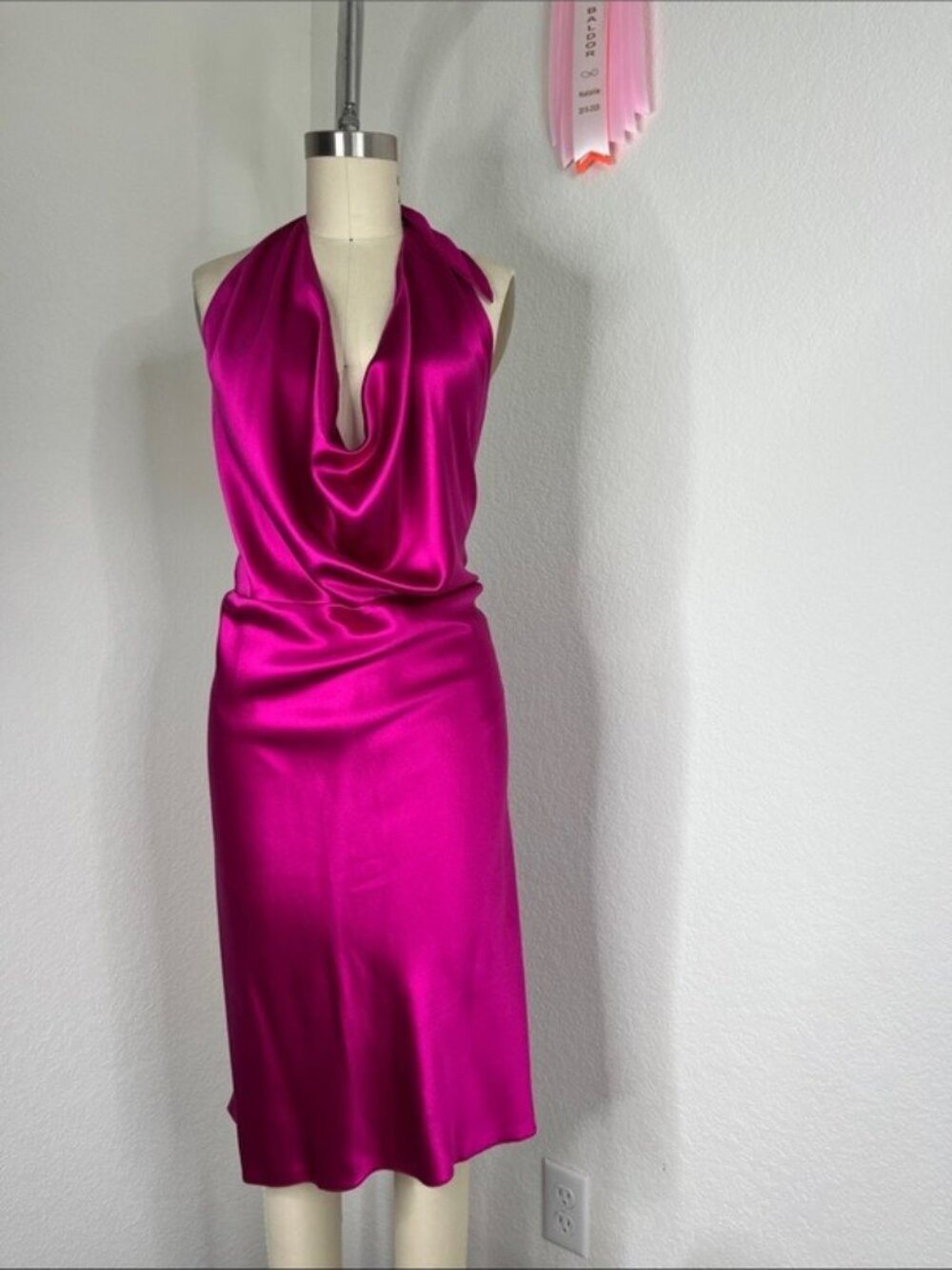 Rubin & Chapelle Silk Magenta Biased Cut Halter Backless Draped Plunge Cowl Mini